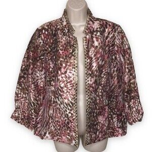 Chicos Linen Blend Brown Pink Abstract Animal Print Beaded Sequin Open Front